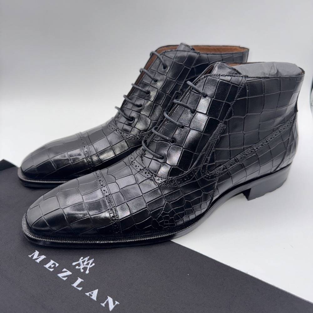 Mezlan McKay Cap Toe Boots Men's Size 10 M Black Crocodile Embossed Leather - Picture 13 of 16